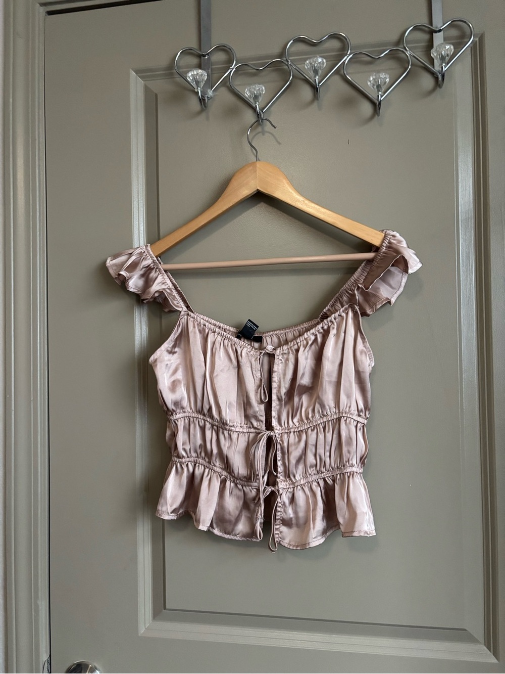 Forever 21 Tan Satin Off-Shoulder Ruffle Tie-Front Crop Top
